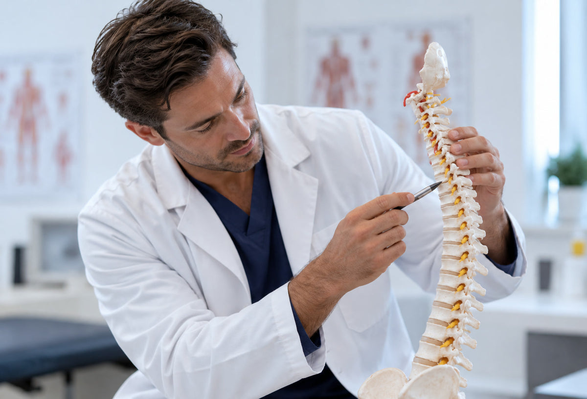Chiropractor checking spinal alignment on a spine model