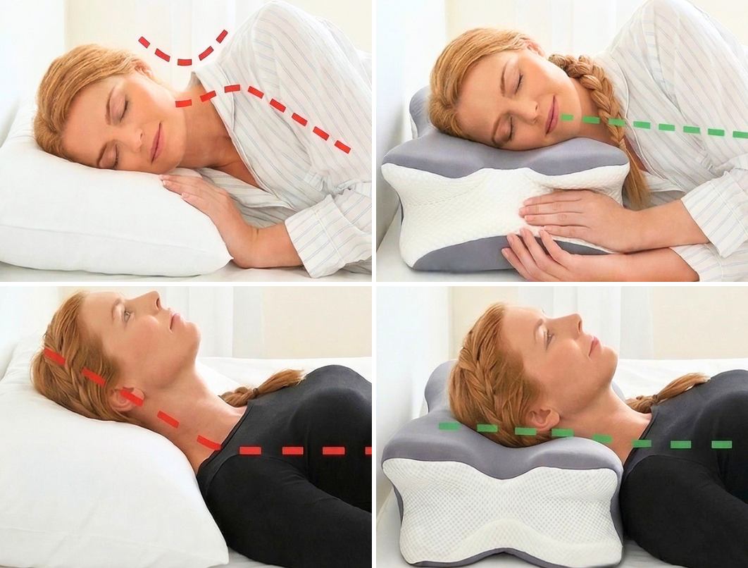 Neck on a regular pillow compared with Restora, side and back sleeping
