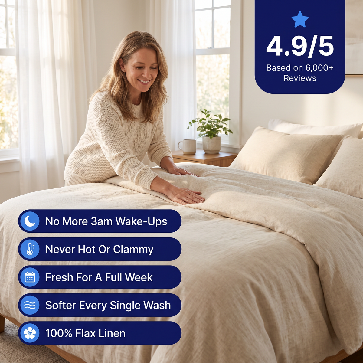 Woman smoothing natural linen bedding onto a bed, with a 4.9 out of 5 rating badge and five benefit labels including No More 3am Wake-Ups and 100% Flax Linen