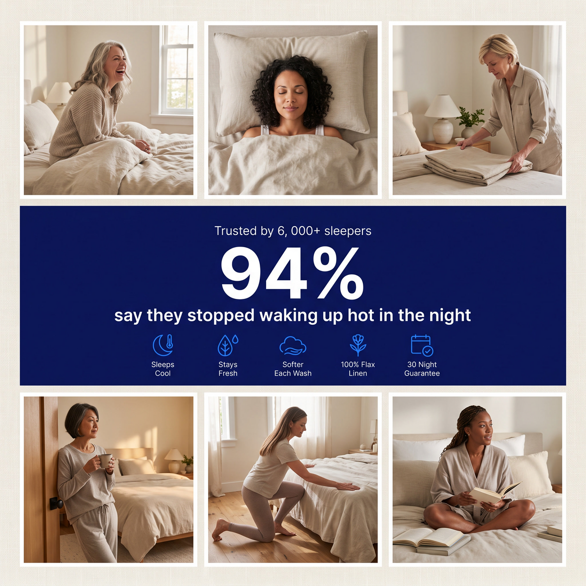 Six women in their own bedrooms with natural linen bedding, around a panel reading 94 percent say they stopped waking up hot in the night