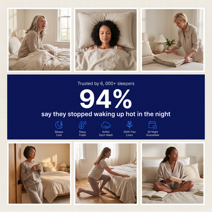 Six women in their own bedrooms with natural linen bedding, around a panel reading 94 percent say they stopped waking up hot in the night