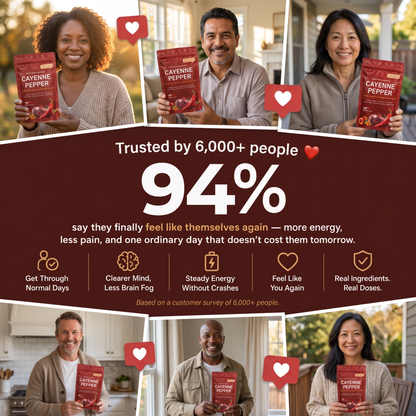 Six Restora Cayenne customers holding the pouch. 94% of 6,000+ people say they finally feel like themselves again: more energy, less pain, and one ordinary day that doesn't cost them tomorrow.