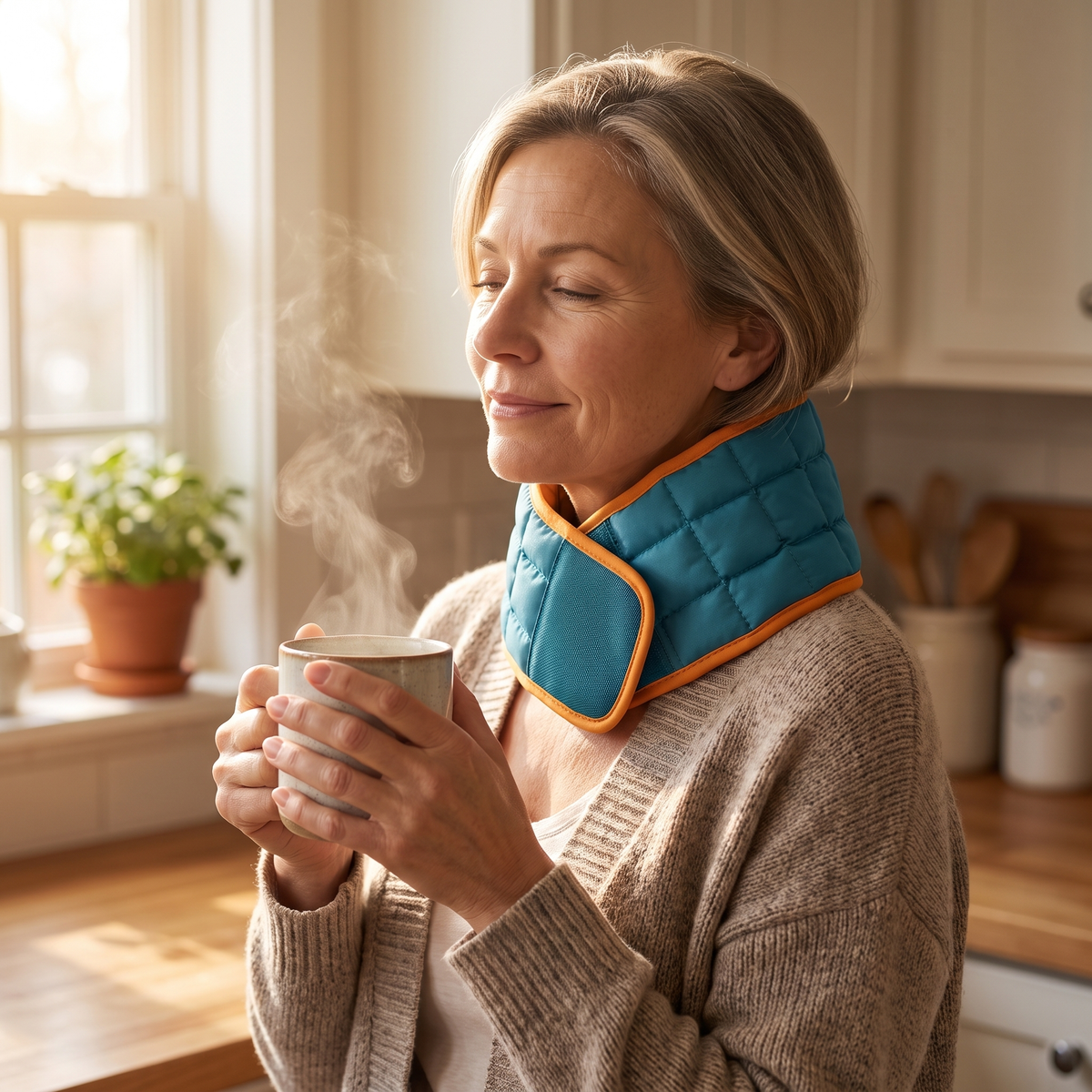 Warm neck cape with morning tea