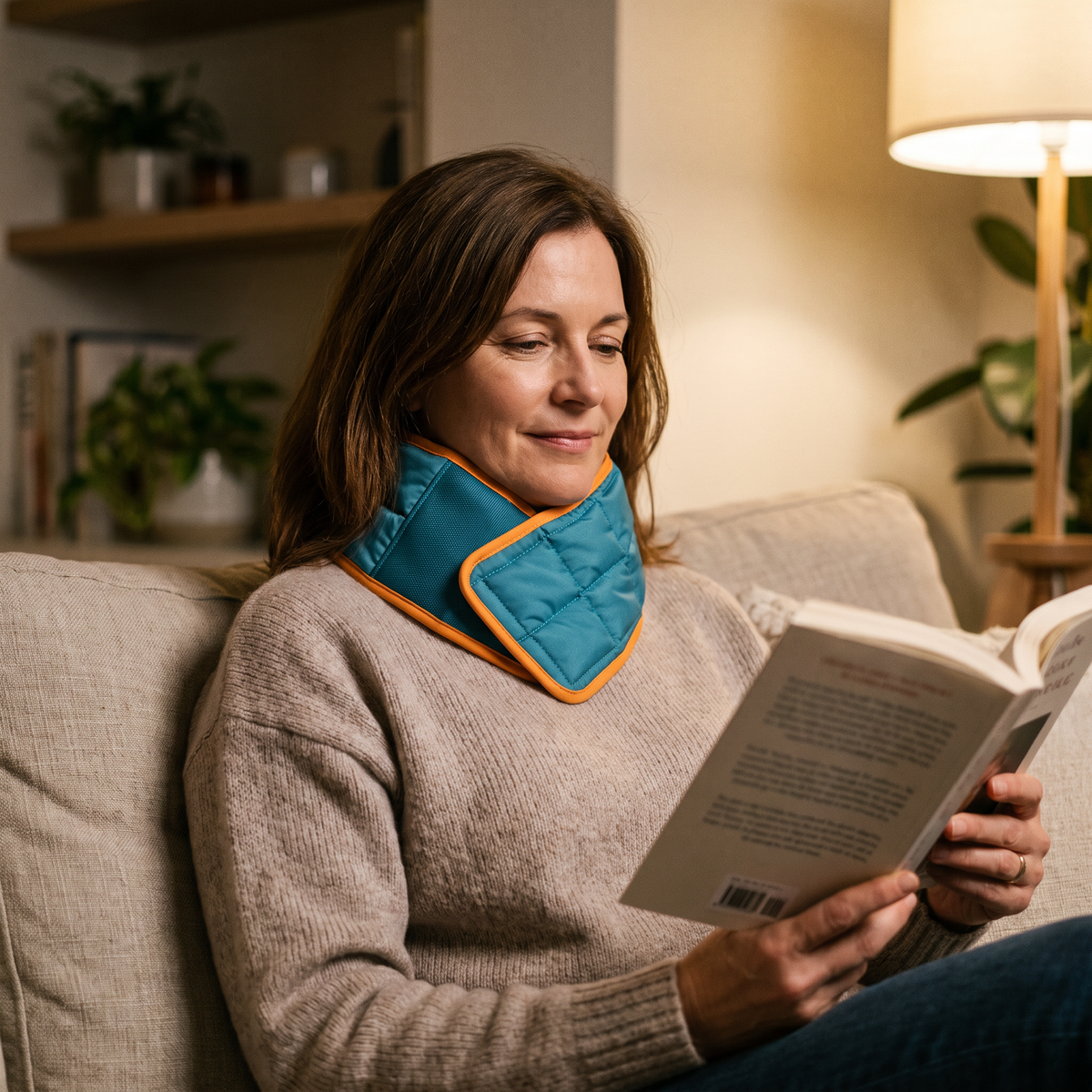 Wearing the neck cape on the couch in the evening