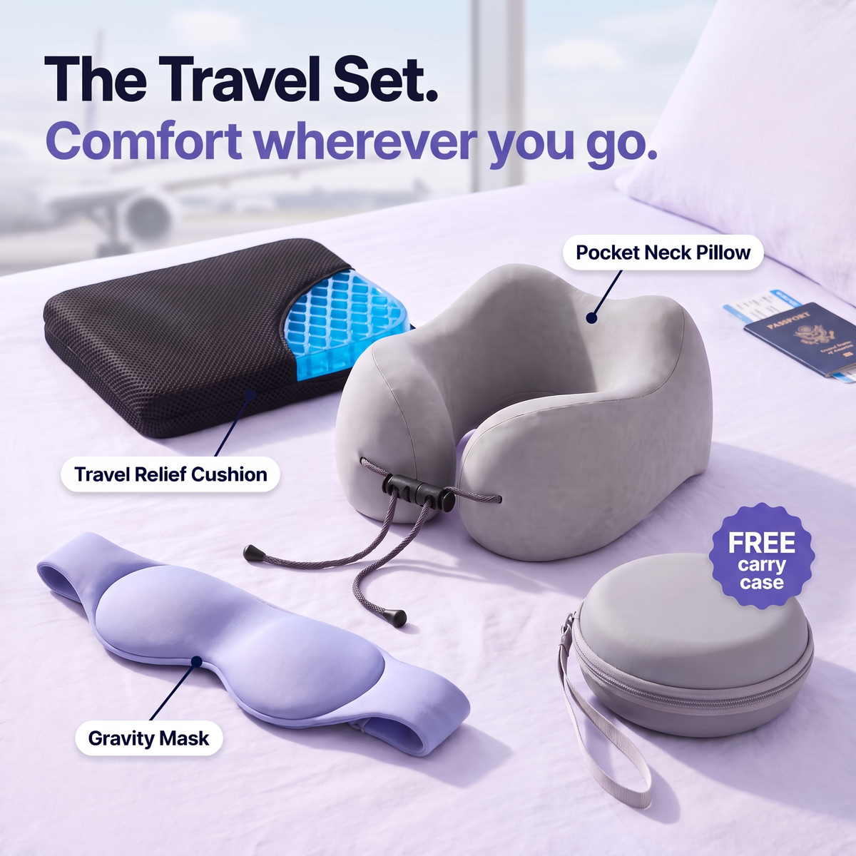 The Travel Bundle: Pocket Neck Pillow, Gravity Mask, Travel Relief Cushion and free carry case