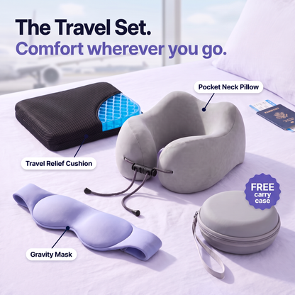 The Travel Bundle: Pocket Neck Pillow, Gravity Mask, Travel Relief Cushion and free carry case