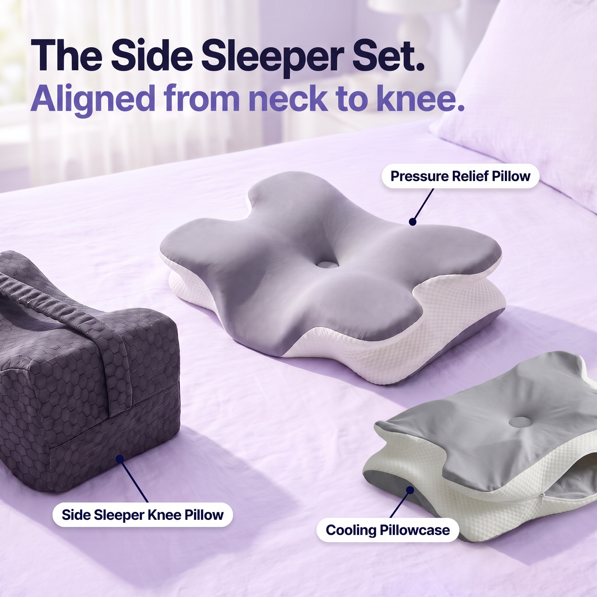 The Side Sleeper Bundle: Pressure Relief Pillow, Side Sleeper Knee Pillow and Cooling Pillowcase