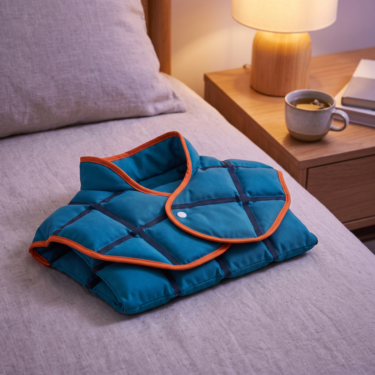 Neck and shoulder cape folded on the bed at night