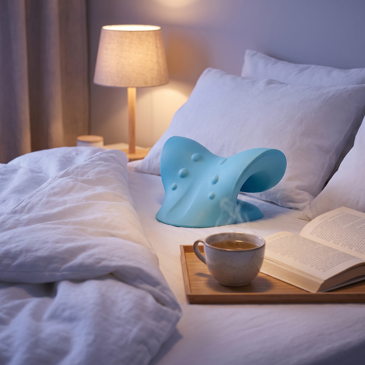 Neck corrector on the bed at night with tea and a book