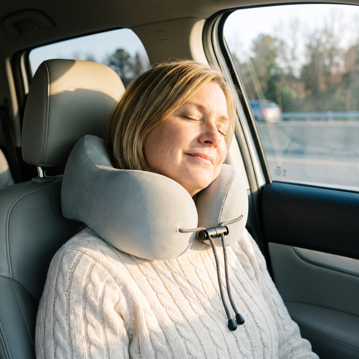 Woman asleep in a car passenger seat wearing the Pocket Neck Pillow
