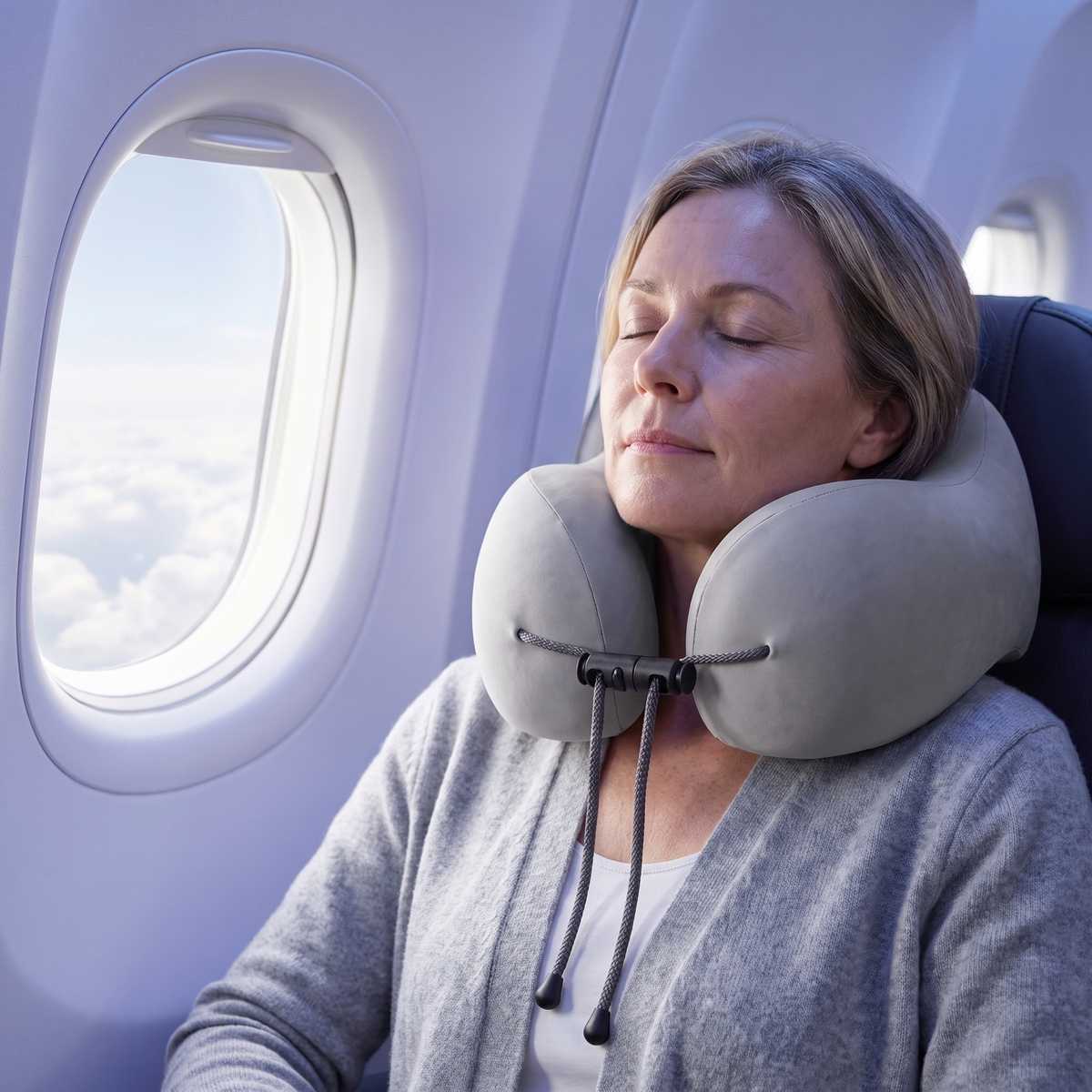 Woman asleep in a plane window seat wearing the Pocket Neck Pillow